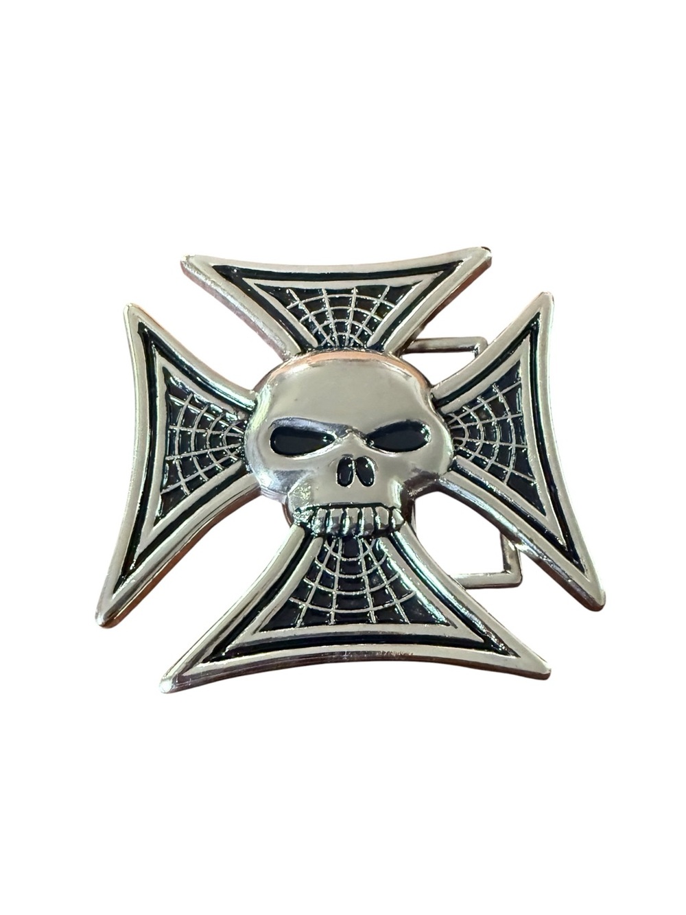 Vintage Skull Iron Cross Belt Buckle Silver Tone & Black Punk Goth Grunge Biker